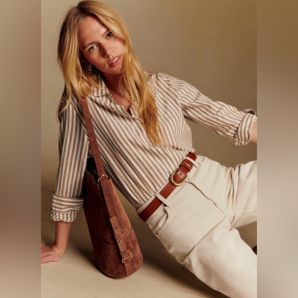 Sézane TOMBOY SHIRT 12 / 44 Ecru-camel stripes